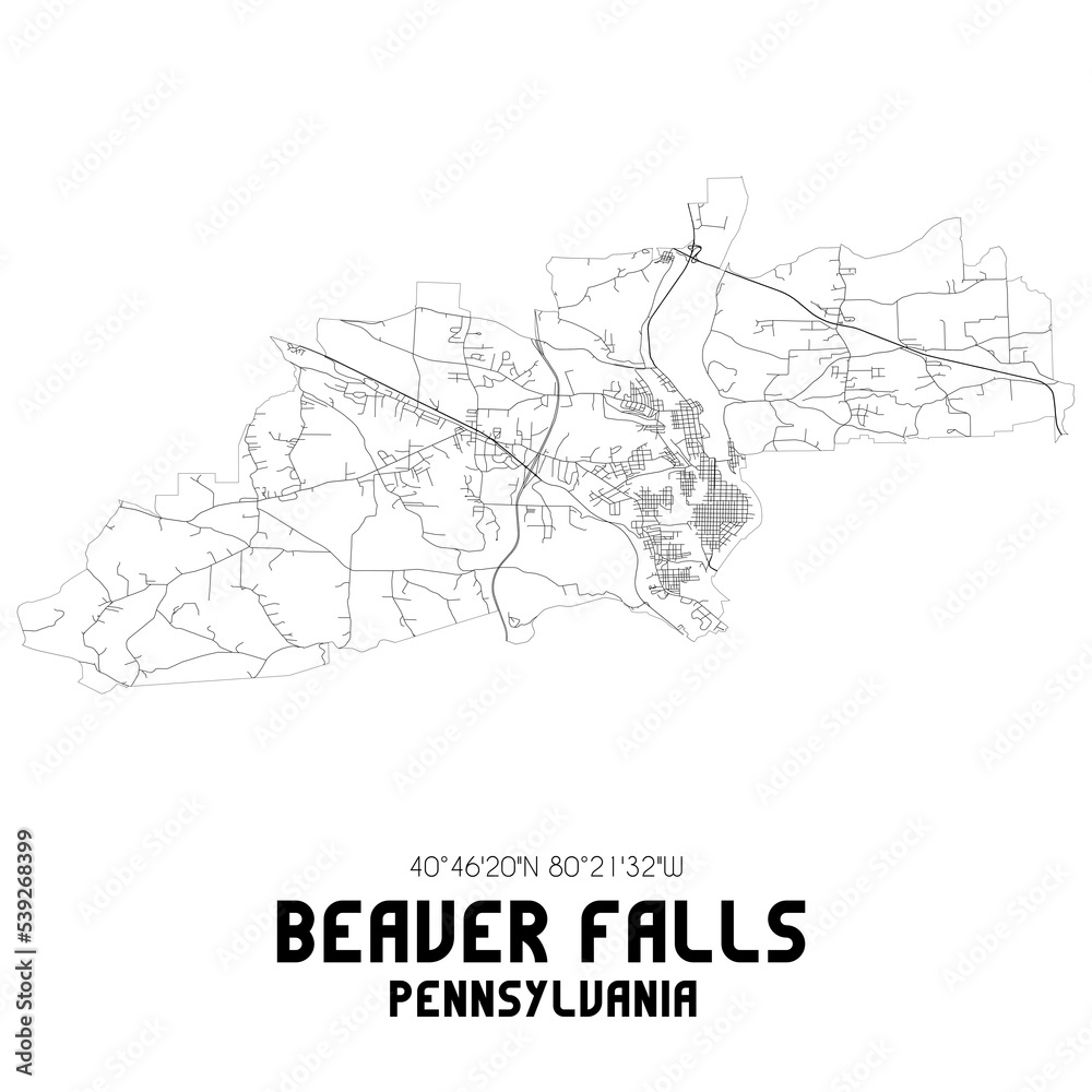 Beaver Falls Pennsylvania. US street map with black and white lines.