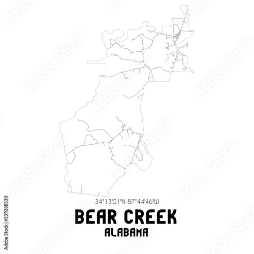 Bear Creek Alabama. US street map with black and white lines.