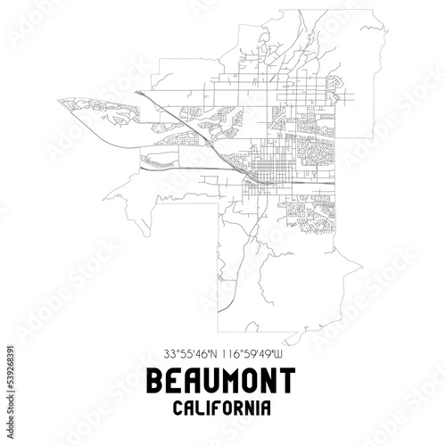 Beaumont California. US street map with black and white lines.