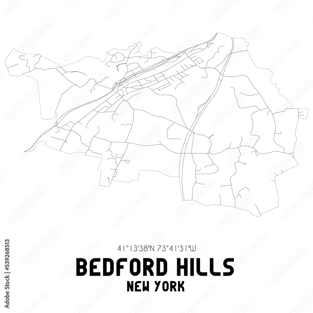 Bedford Hills New York. US street map with black and white lines.