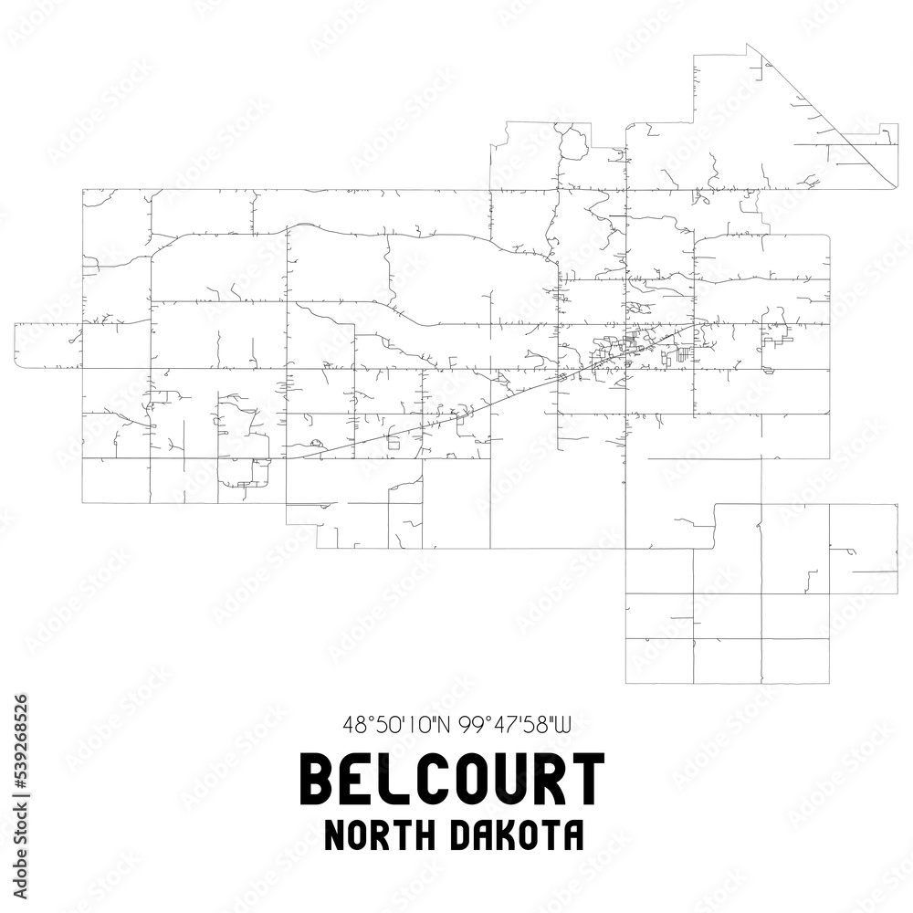 Belcourt North Dakota. US street map with black and white lines.