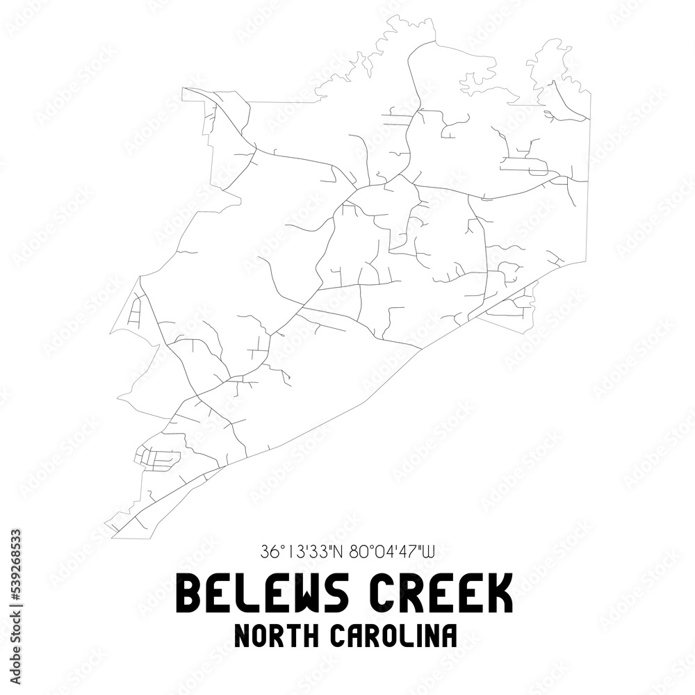 Belews Creek North Carolina. US street map with black and white lines.
