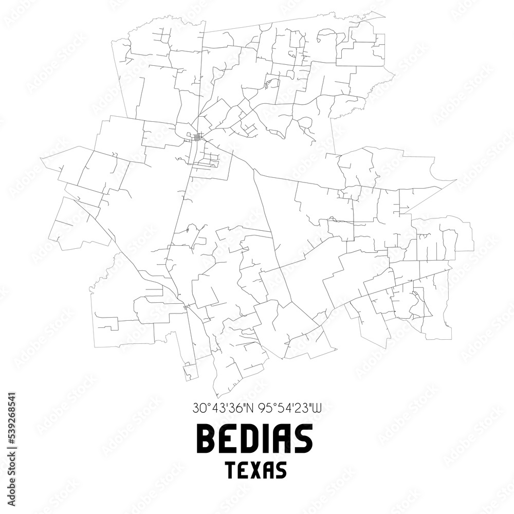 Bedias Texas. US street map with black and white lines.