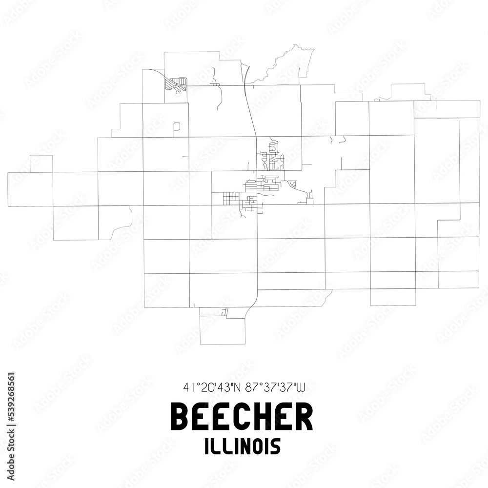 Beecher Illinois. US street map with black and white lines.