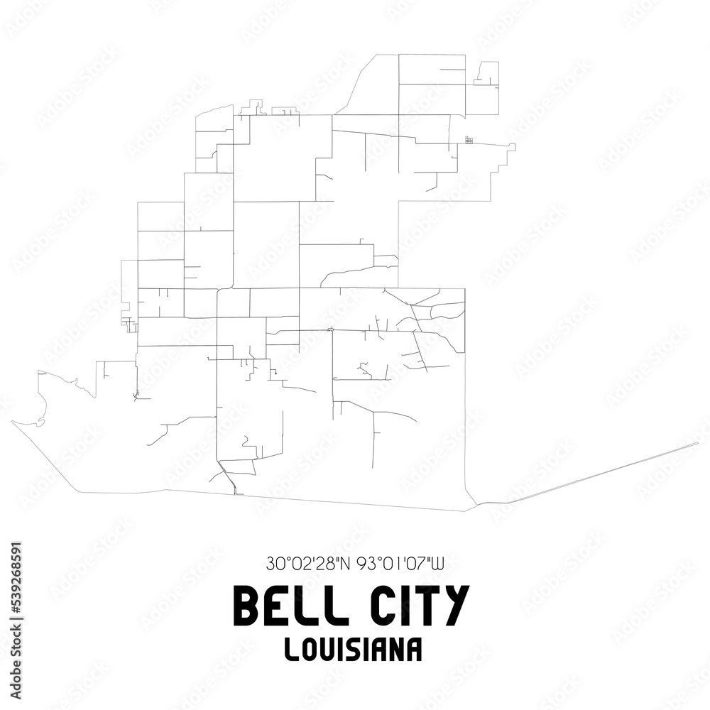 Bell City Louisiana. US street map with black and white lines.