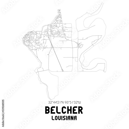 Belcher Louisiana. US street map with black and white lines.
