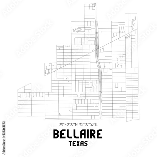 Bellaire Texas. US street map with black and white lines.