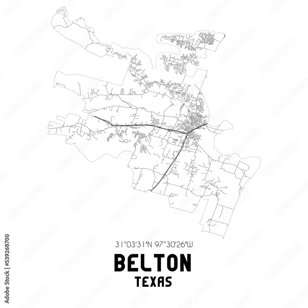 Belton Texas. US street map with black and white lines.