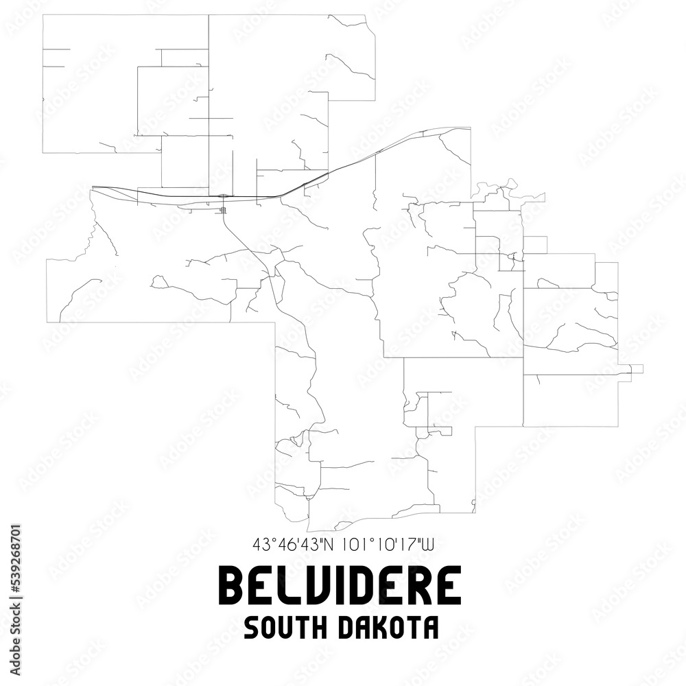 Belvidere South Dakota. US street map with black and white lines.