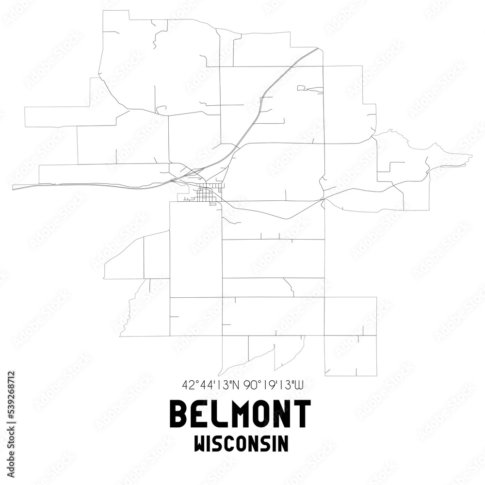 Belmont Wisconsin. US street map with black and white lines.