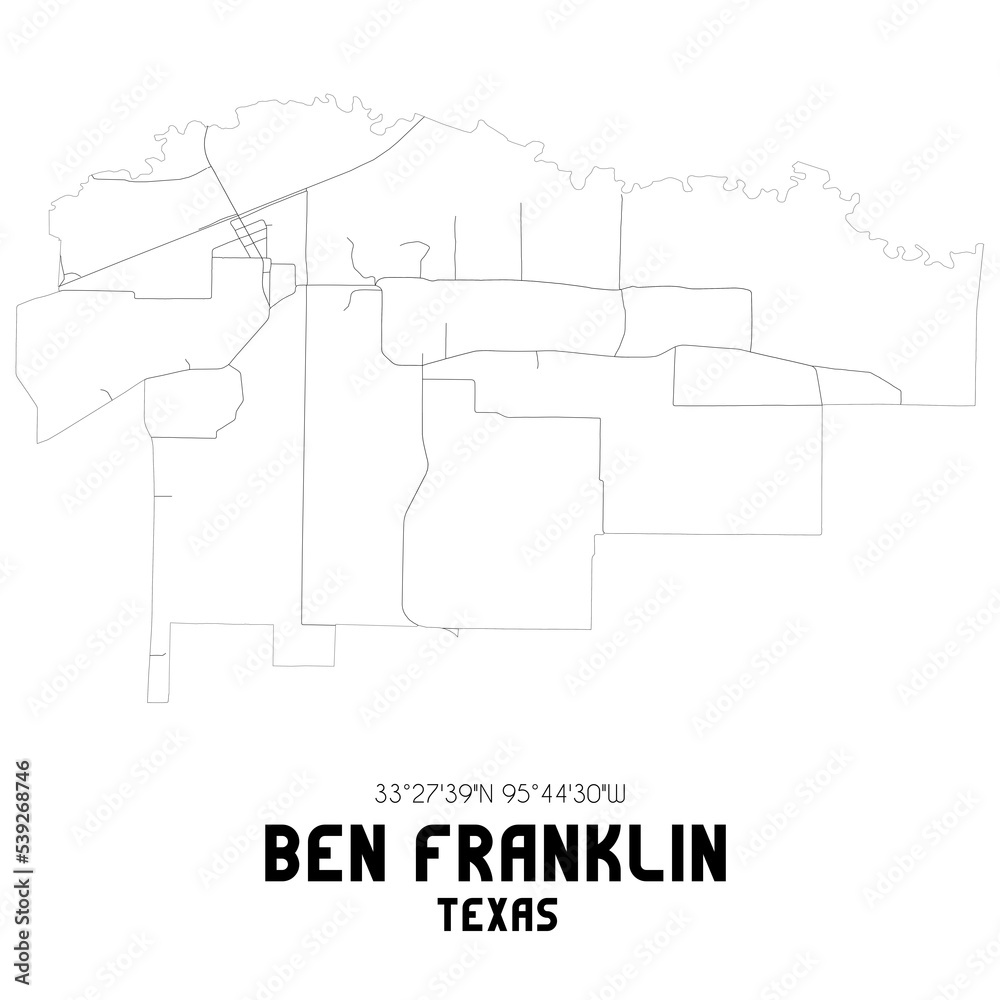 Ben Franklin Texas. US street map with black and white lines.