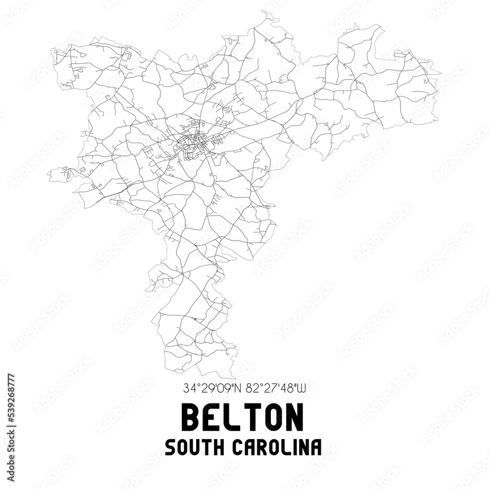 Belton South Carolina. US street map with black and white lines.