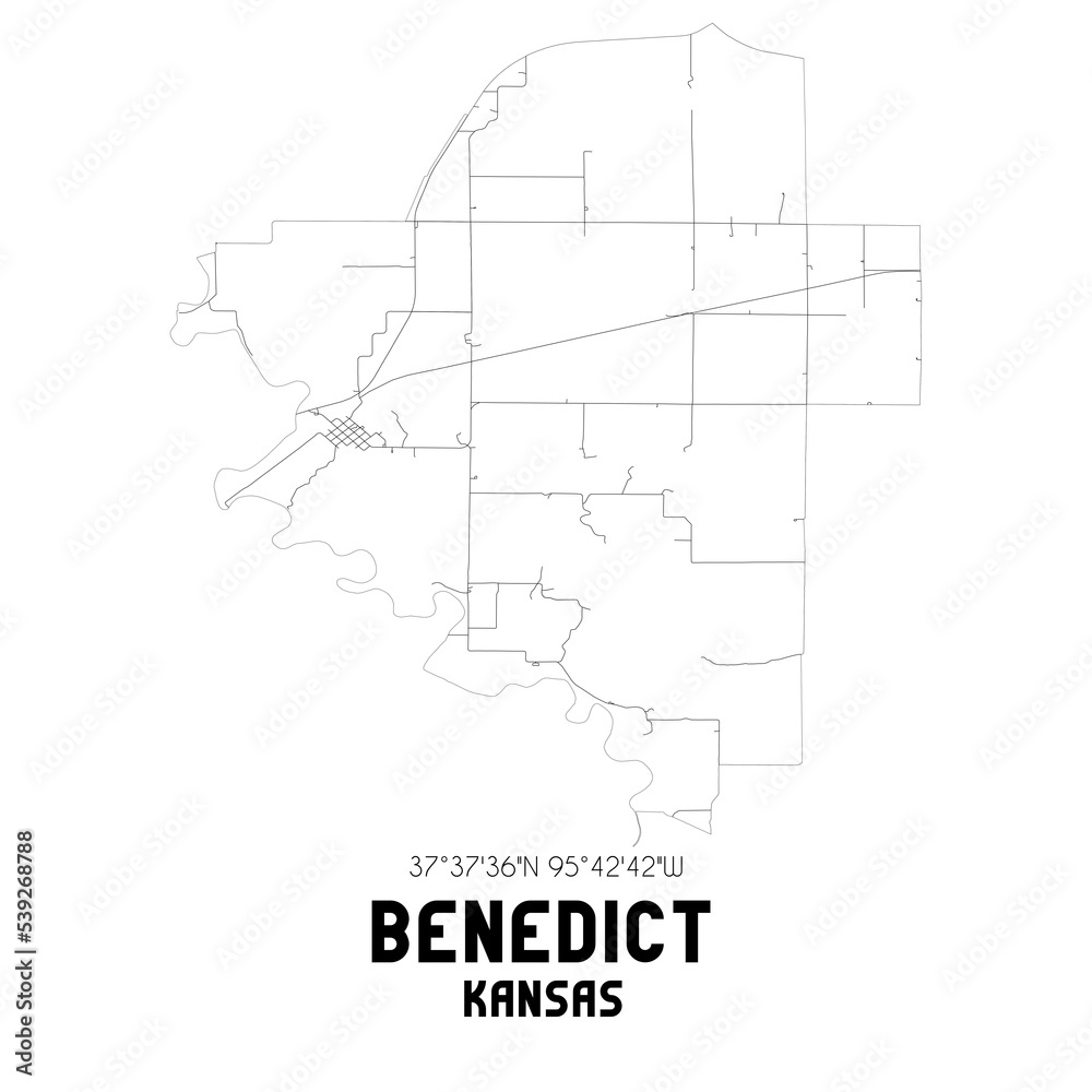 Benedict Kansas. US street map with black and white lines.