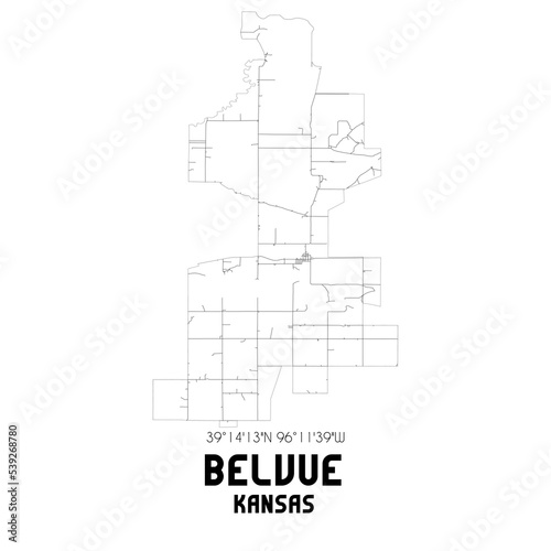 Belvue Kansas. US street map with black and white lines.