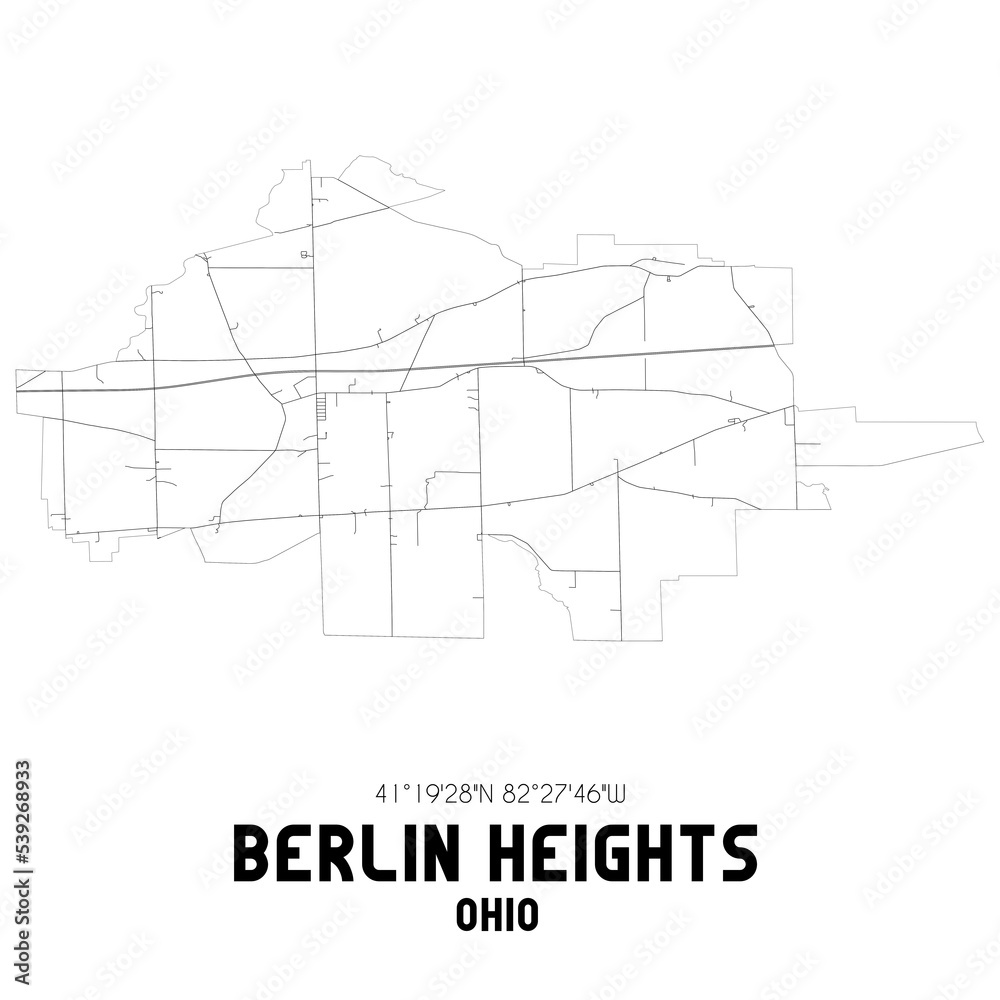 Berlin Heights Ohio. US street map with black and white lines.