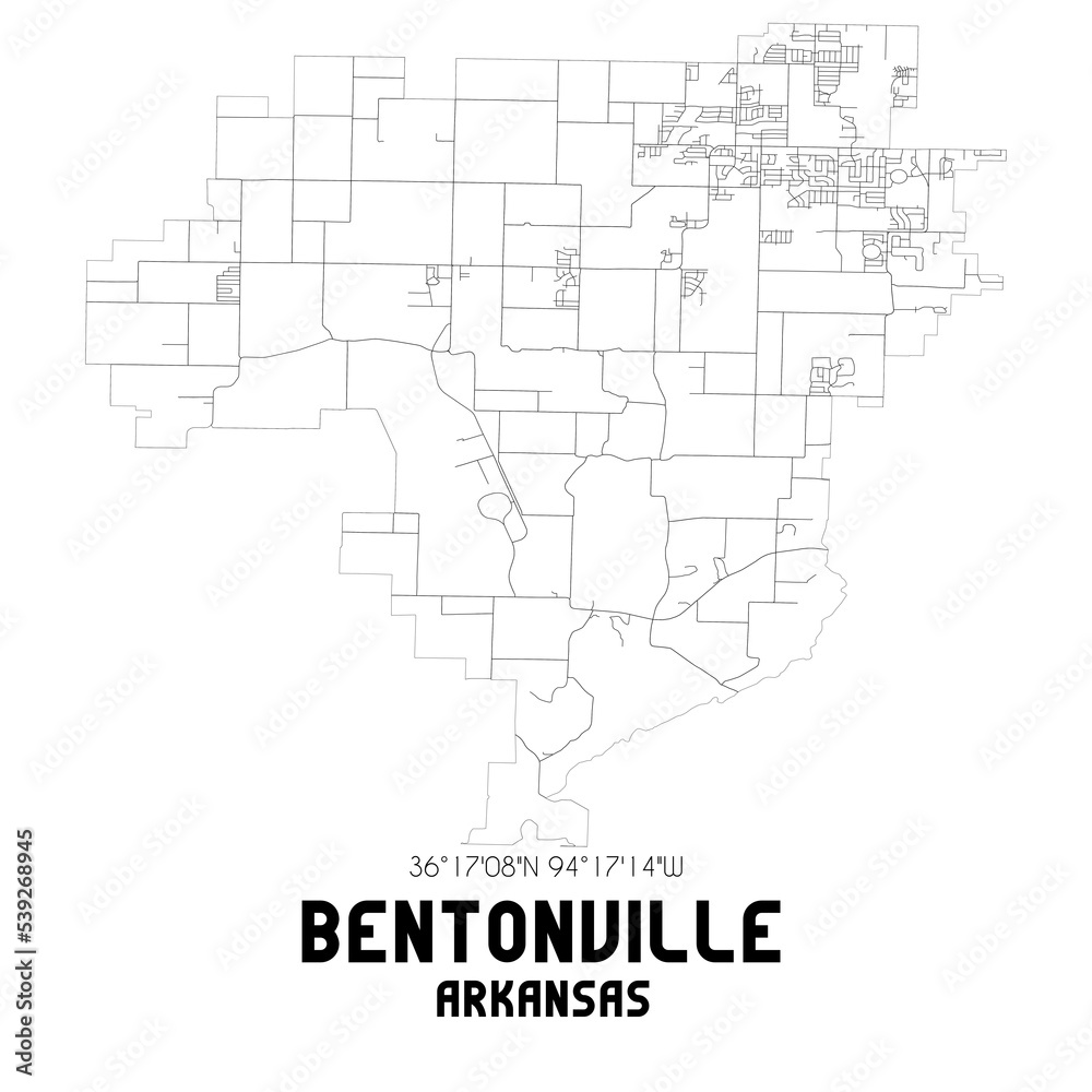 Bentonville Arkansas. US street map with black and white lines.