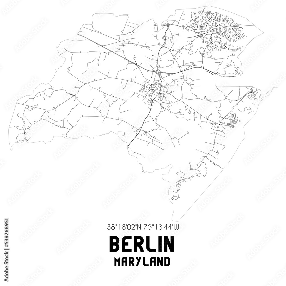 Berlin Maryland. US street map with black and white lines.