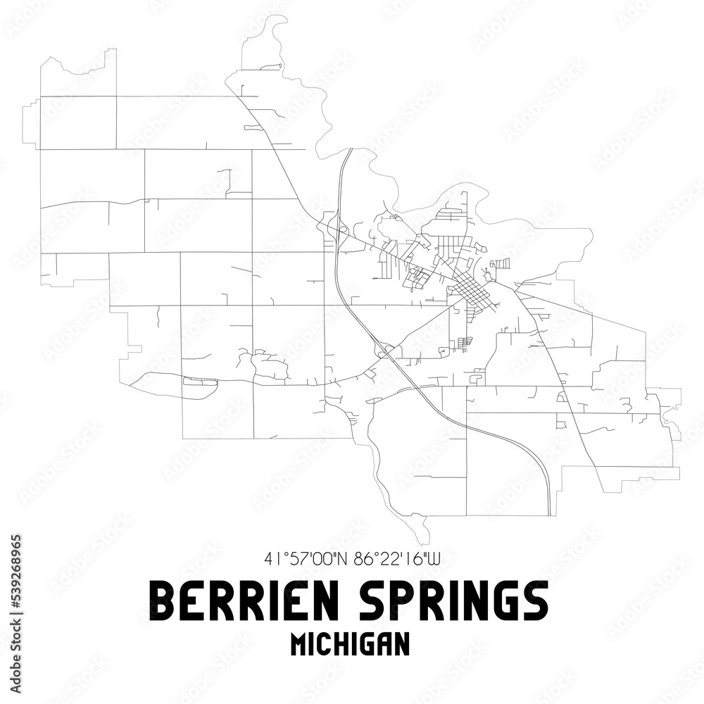 Berrien Springs Michigan. US street map with black and white lines.