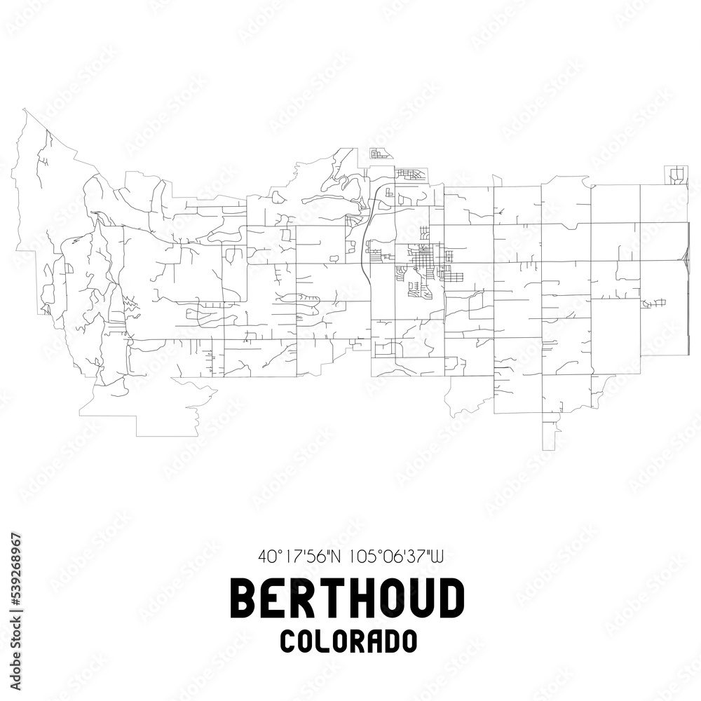 Berthoud Colorado. US street map with black and white lines.