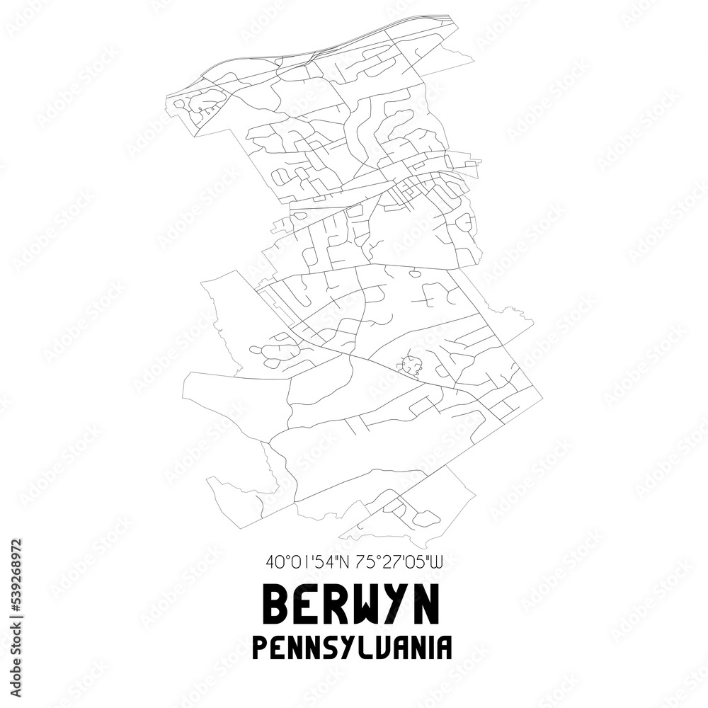 Berwyn Pennsylvania. US street map with black and white lines. Berwyn Pennsylvania. US street map with black and white lines.