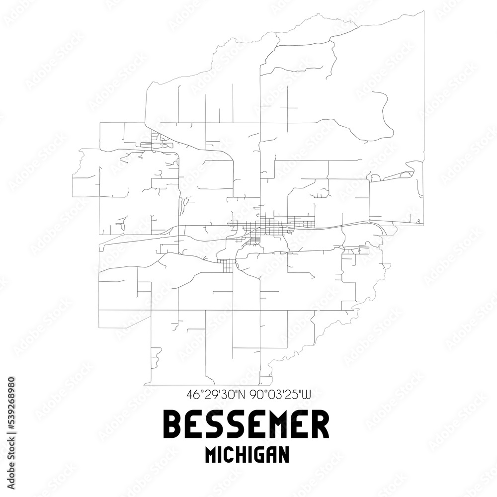 Bessemer Michigan. US street map with black and white lines.