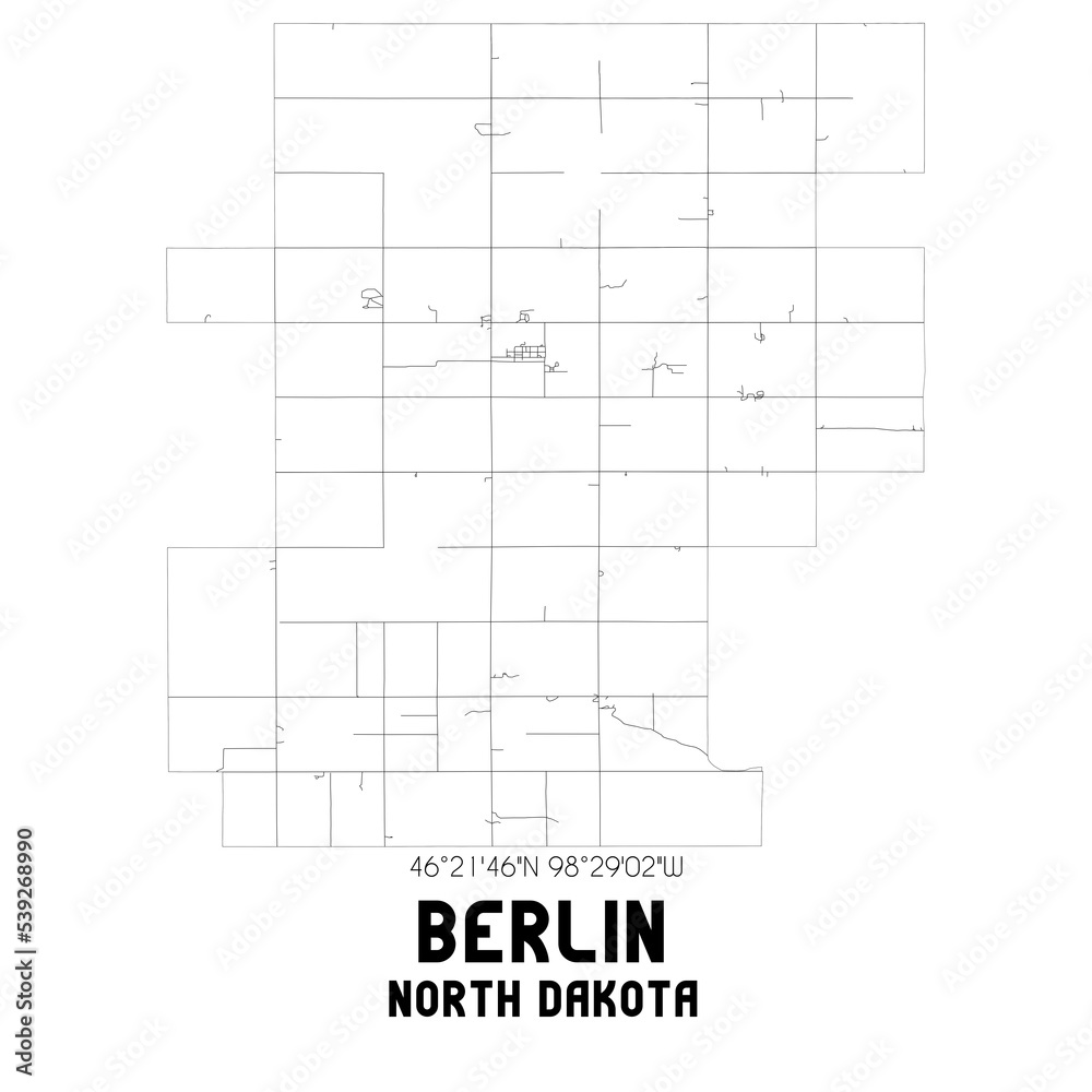 Berlin North Dakota. US street map with black and white lines.