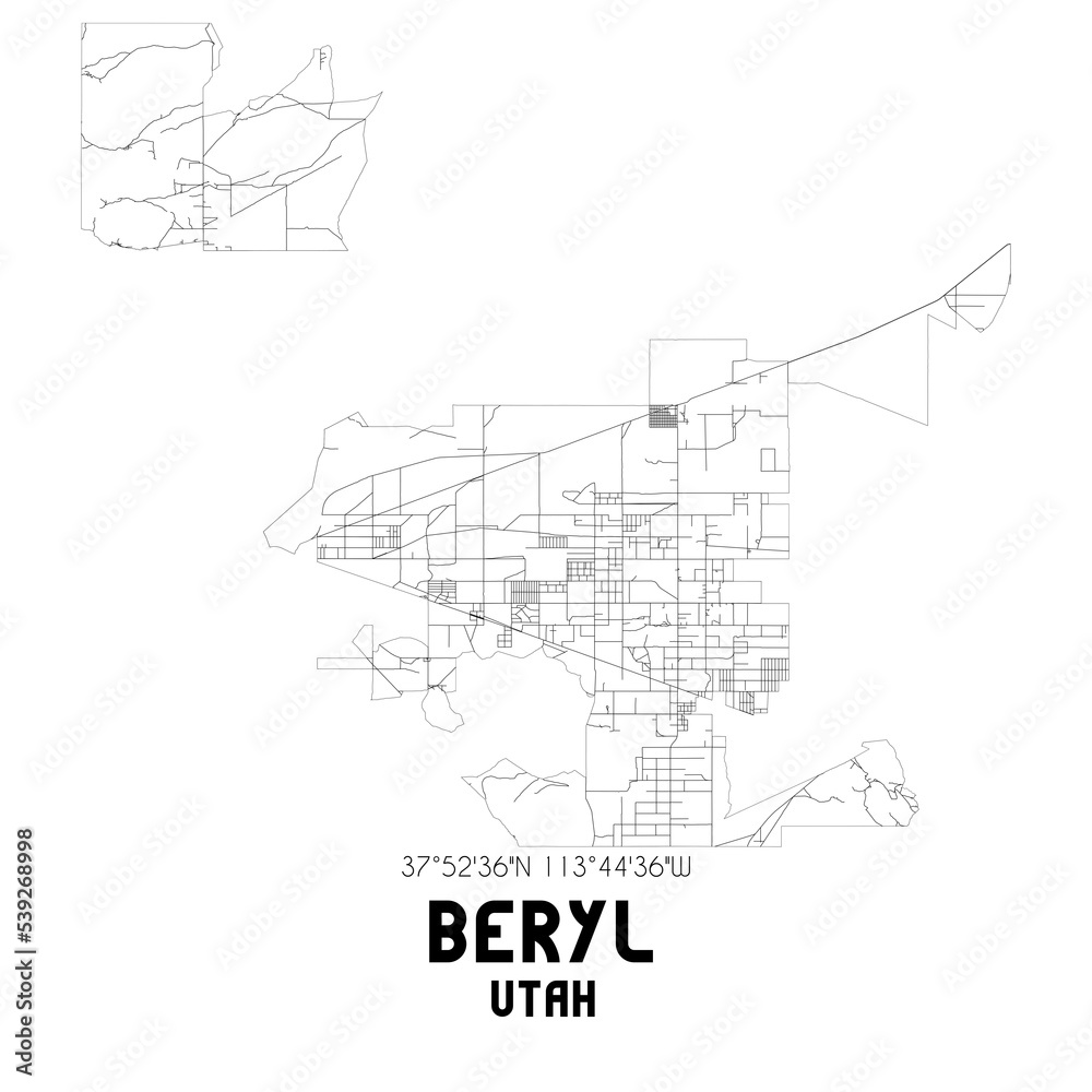 Beryl Utah. US street map with black and white lines.