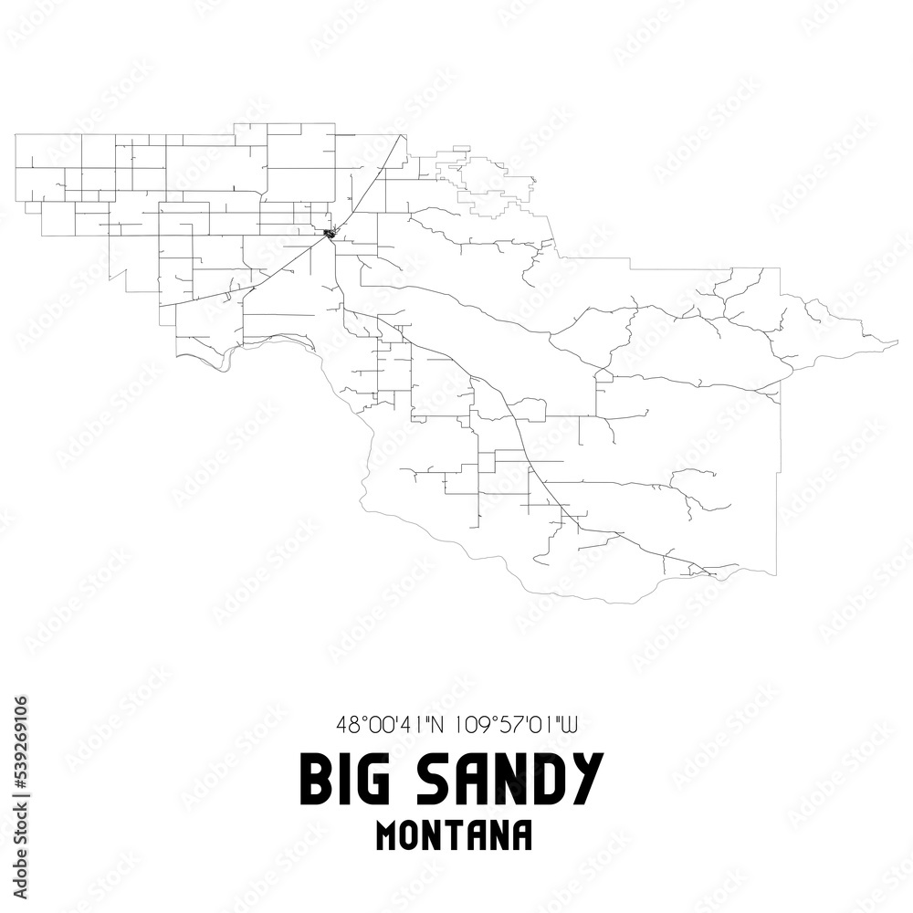 Big Sandy Montana. US street map with black and white lines.