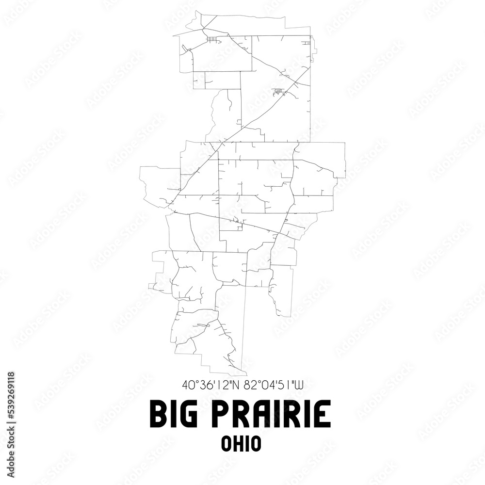 Big Prairie Ohio. US street map with black and white lines.