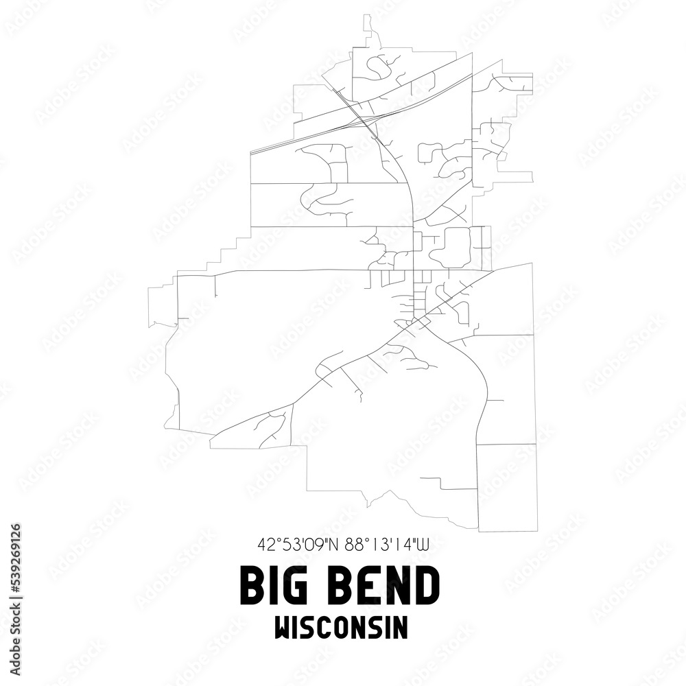 Big Bend Wisconsin. US street map with black and white lines.