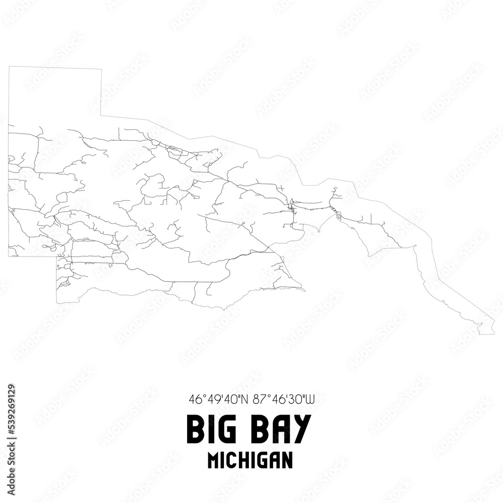 Big Bay Michigan. US street map with black and white lines.