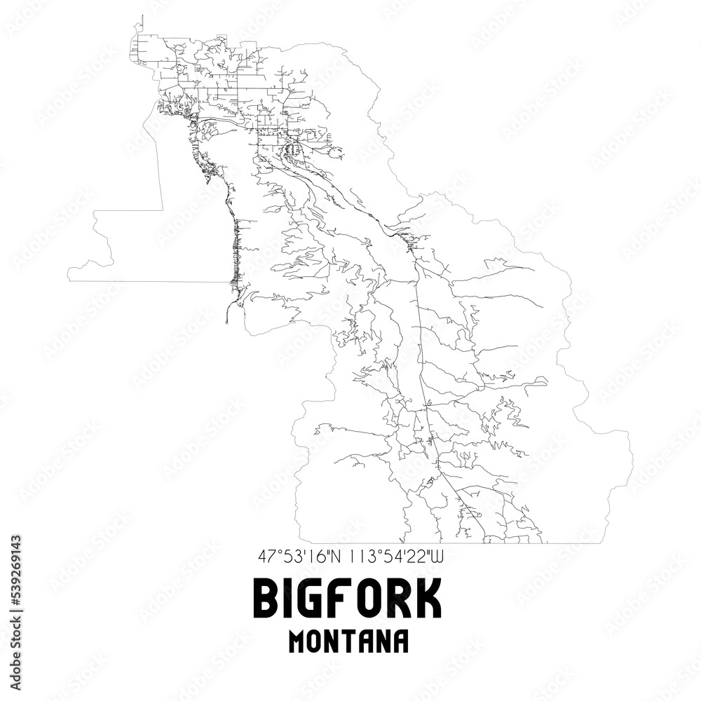 Bigfork Montana. US street map with black and white lines.