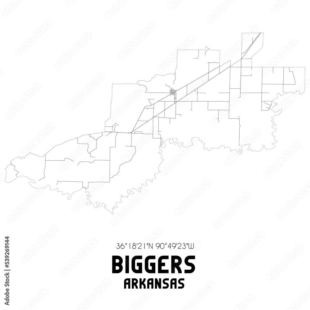 Biggers Arkansas. US street map with black and white lines.