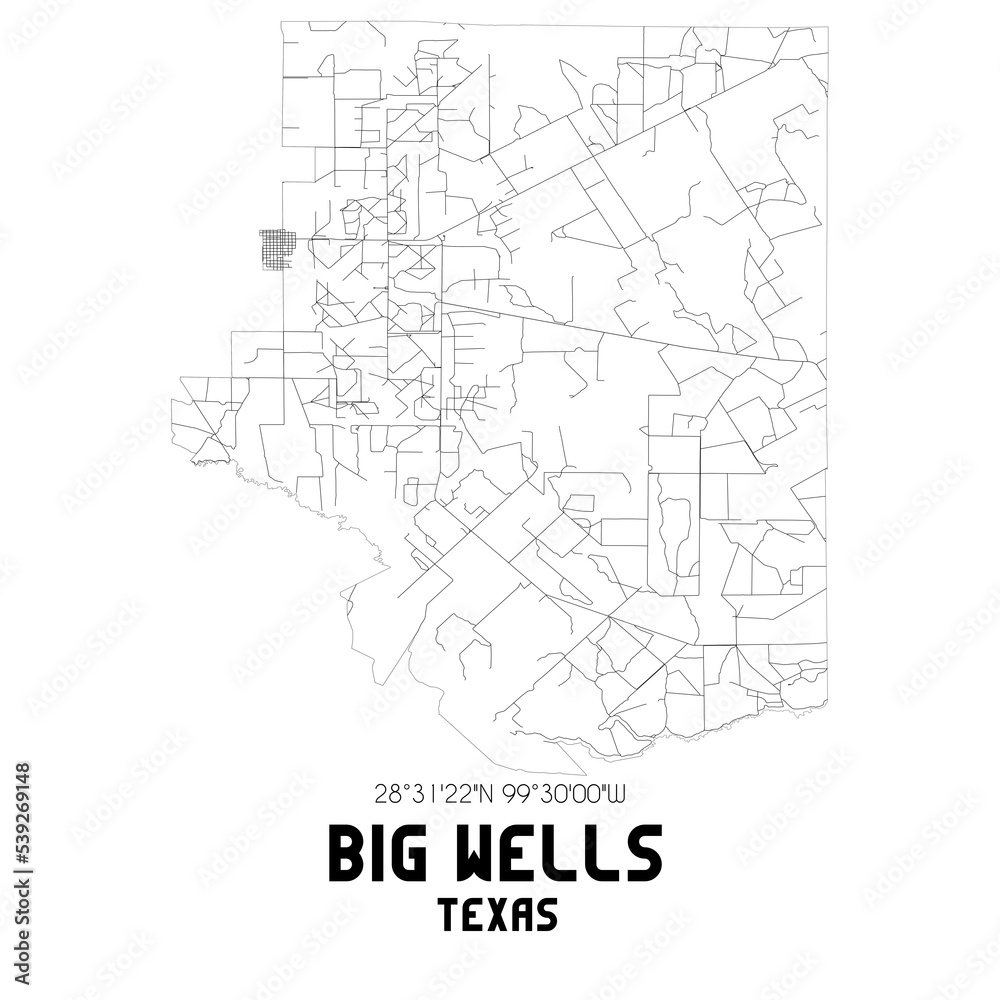 Big Wells Texas. US street map with black and white lines.