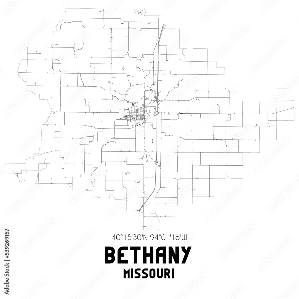 Bethany Missouri. US street map with black and white lines.