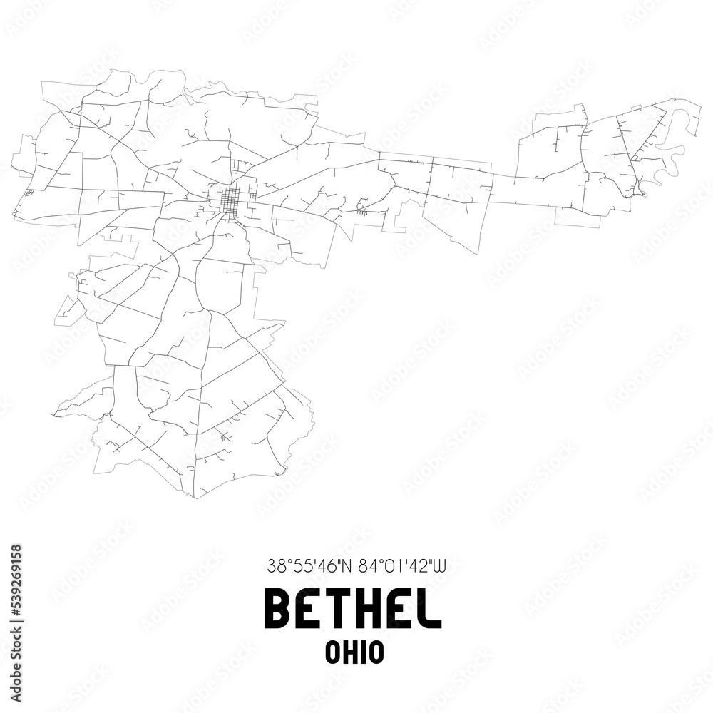 Bethel Ohio. US street map with black and white lines.