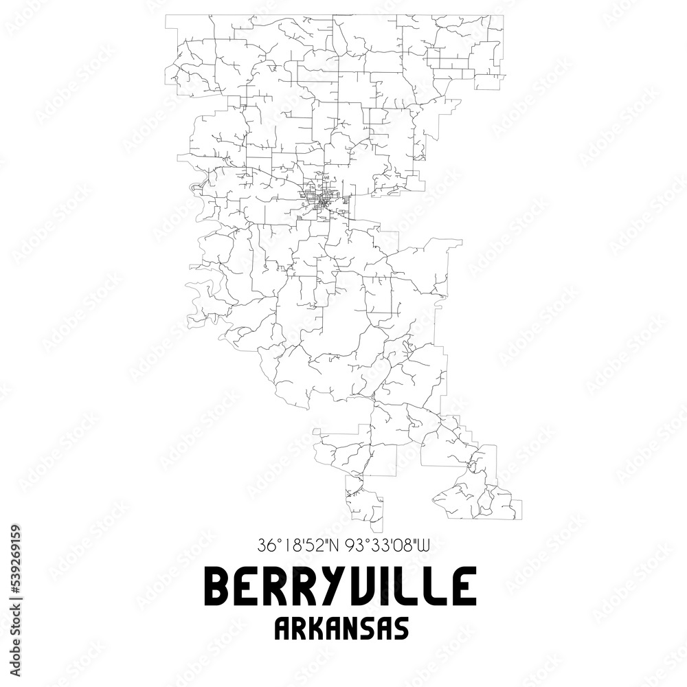 Berryville Arkansas. US street map with black and white lines.