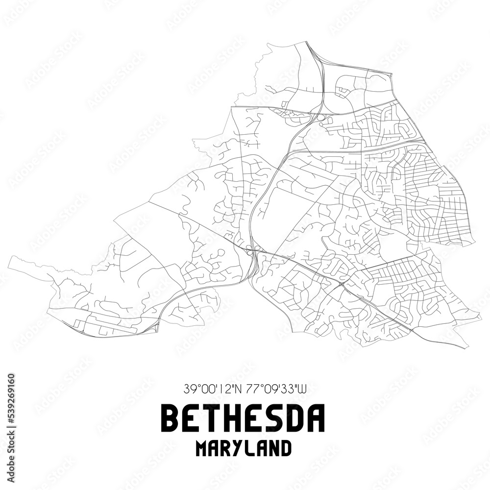 Bethesda Maryland. US street map with black and white lines.