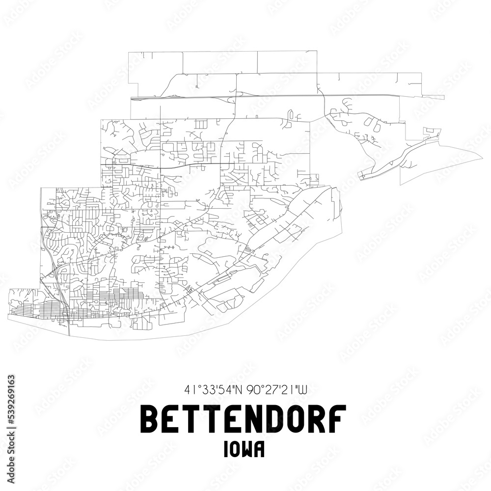 Bettendorf Iowa. US street map with black and white lines.