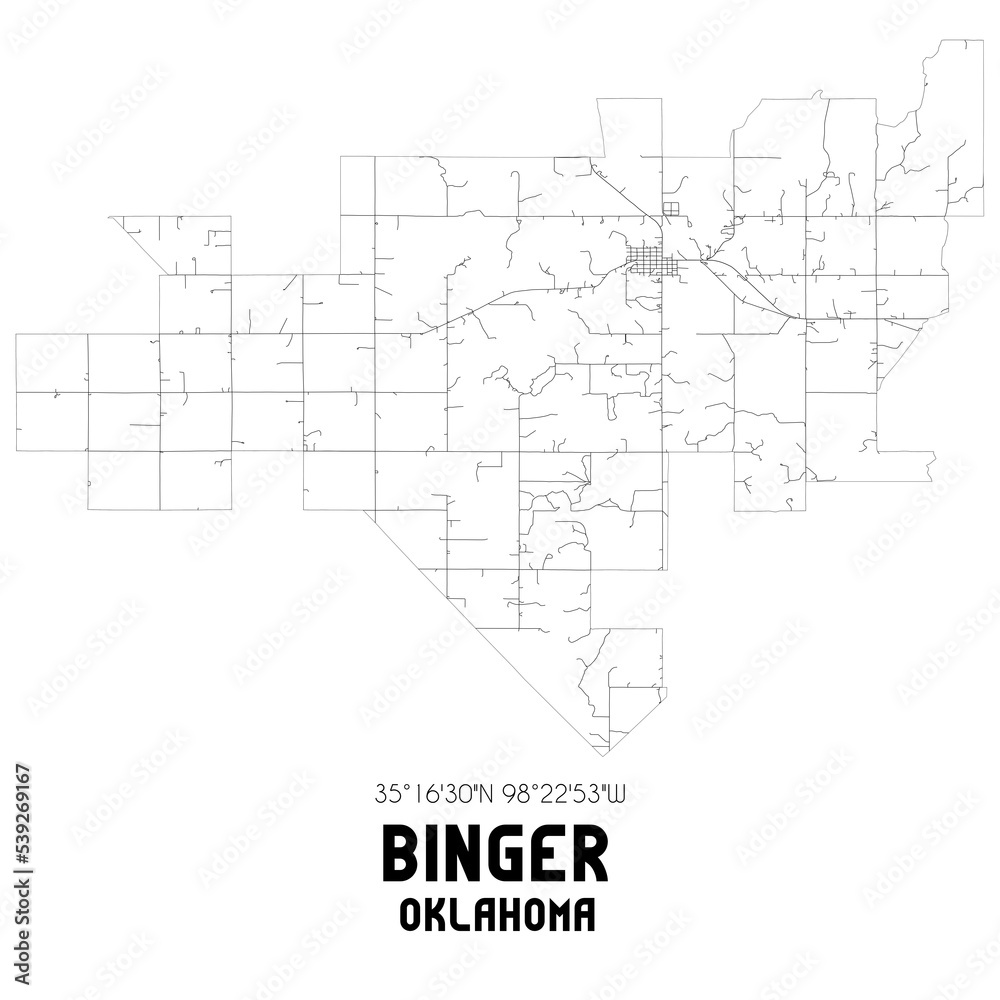 Binger Oklahoma. US street map with black and white lines.