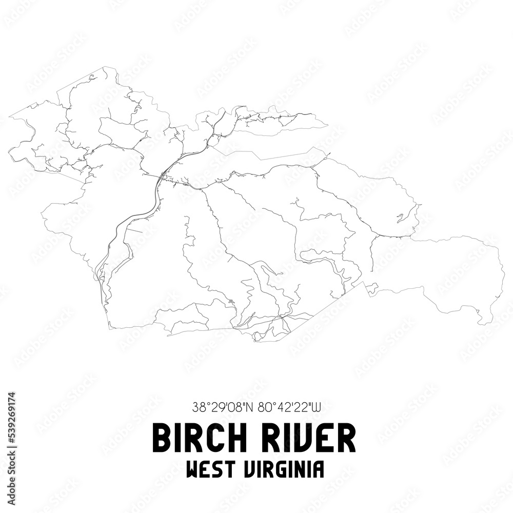 Birch River West Virginia. US street map with black and white lines.