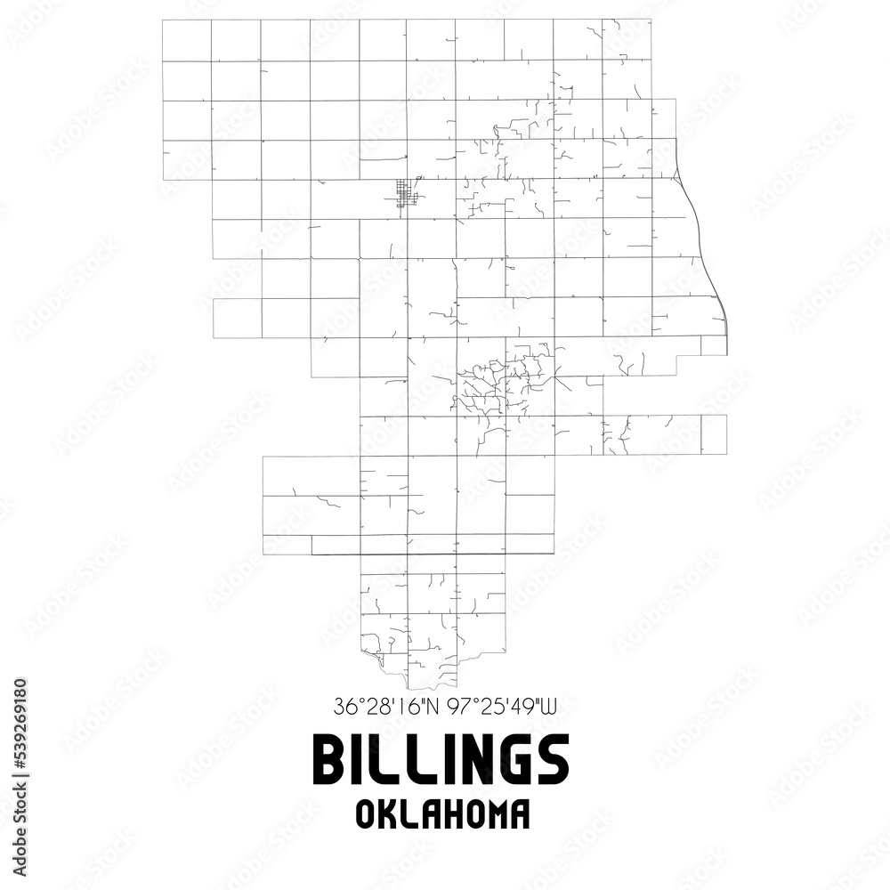 Billings Oklahoma. US street map with black and white lines. Billings Oklahoma. US street map with black and white lines.