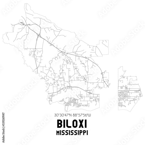 Biloxi Mississippi. US street map with black and white lines.