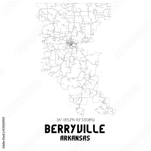 Berryville Arkansas. US street map with black and white lines.