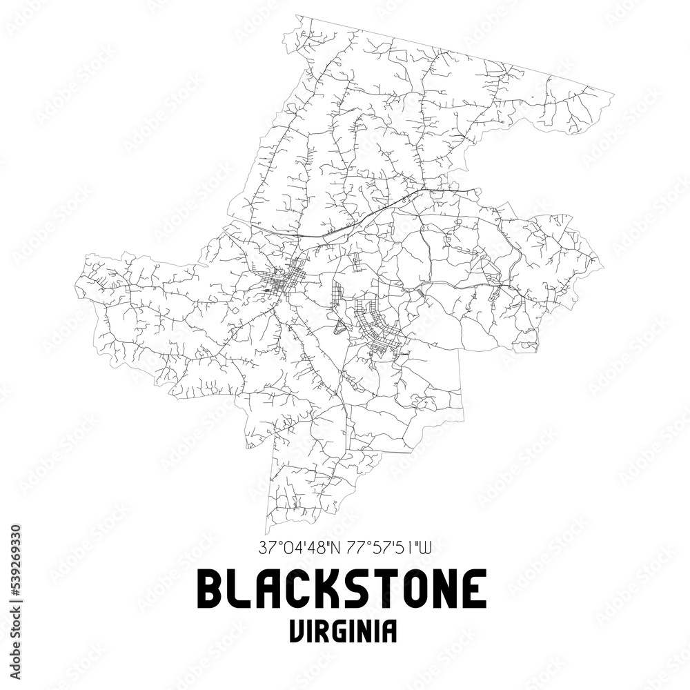 Blackstone Virginia. US street map with black and white lines.