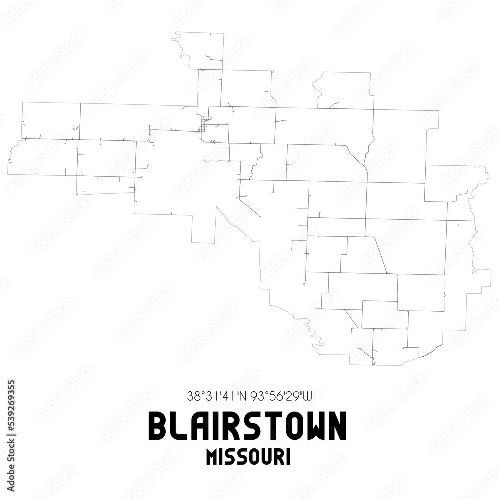 Blairstown Missouri. US street map with black and white lines.