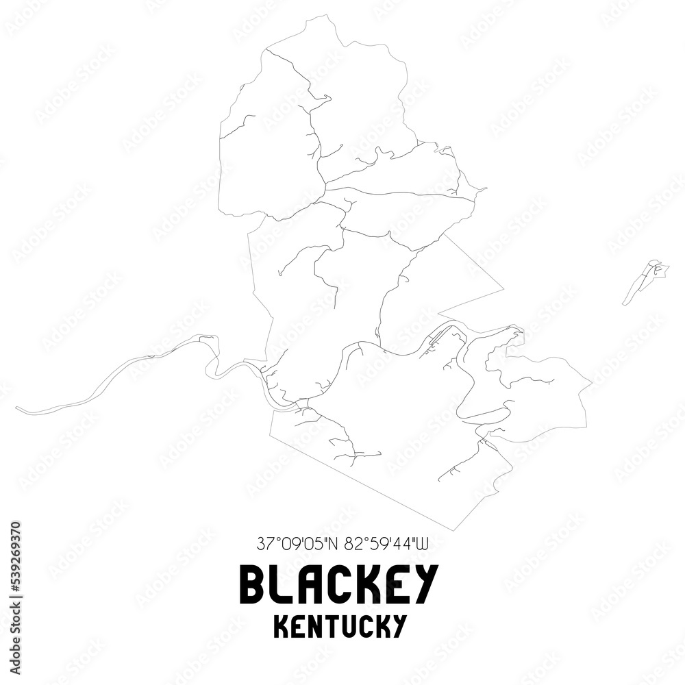 Blackey Kentucky. US street map with black and white lines.