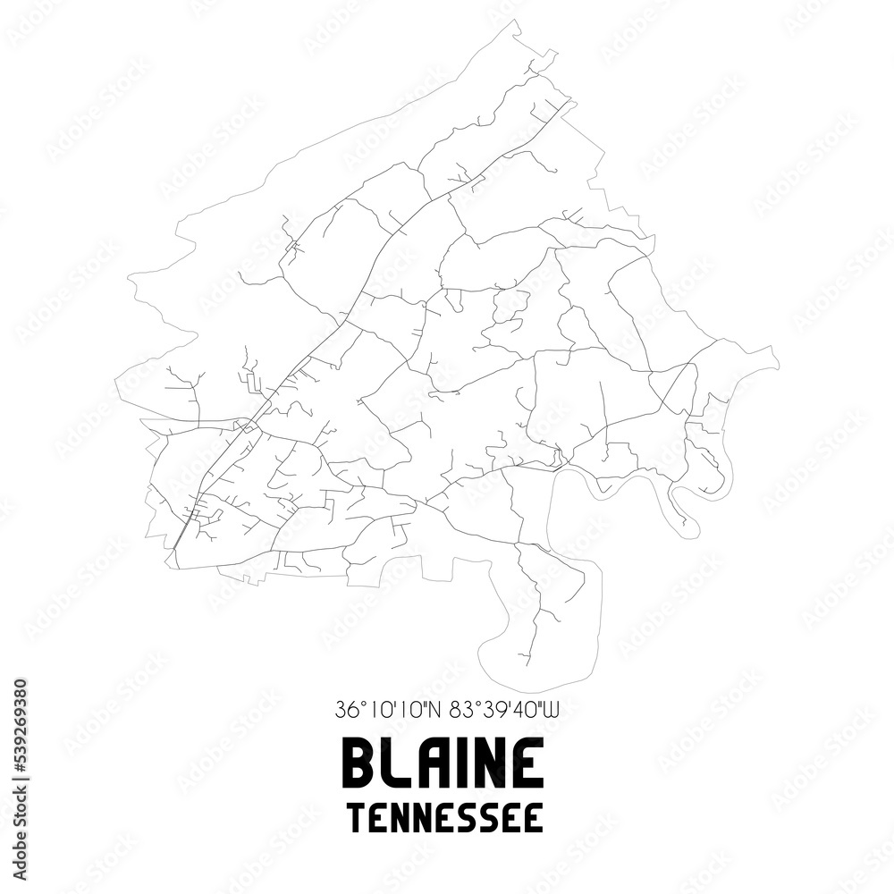 Blaine Tennessee. US street map with black and white lines.