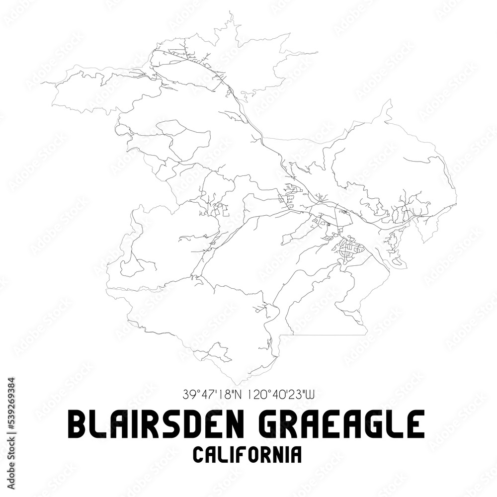 Blairsden Graeagle California. US street map with black and white lines.
