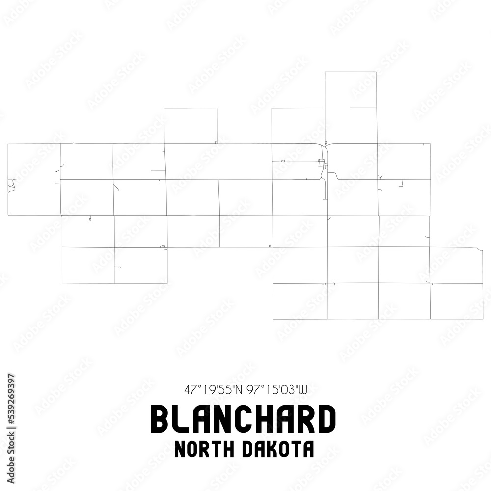 Blanchard North Dakota. US street map with black and white lines.